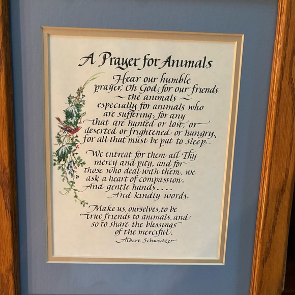 Framed calligraphy Prayer For Animals measuring 13.5” X 16.5” Oak frame. - Picture 1 of 2